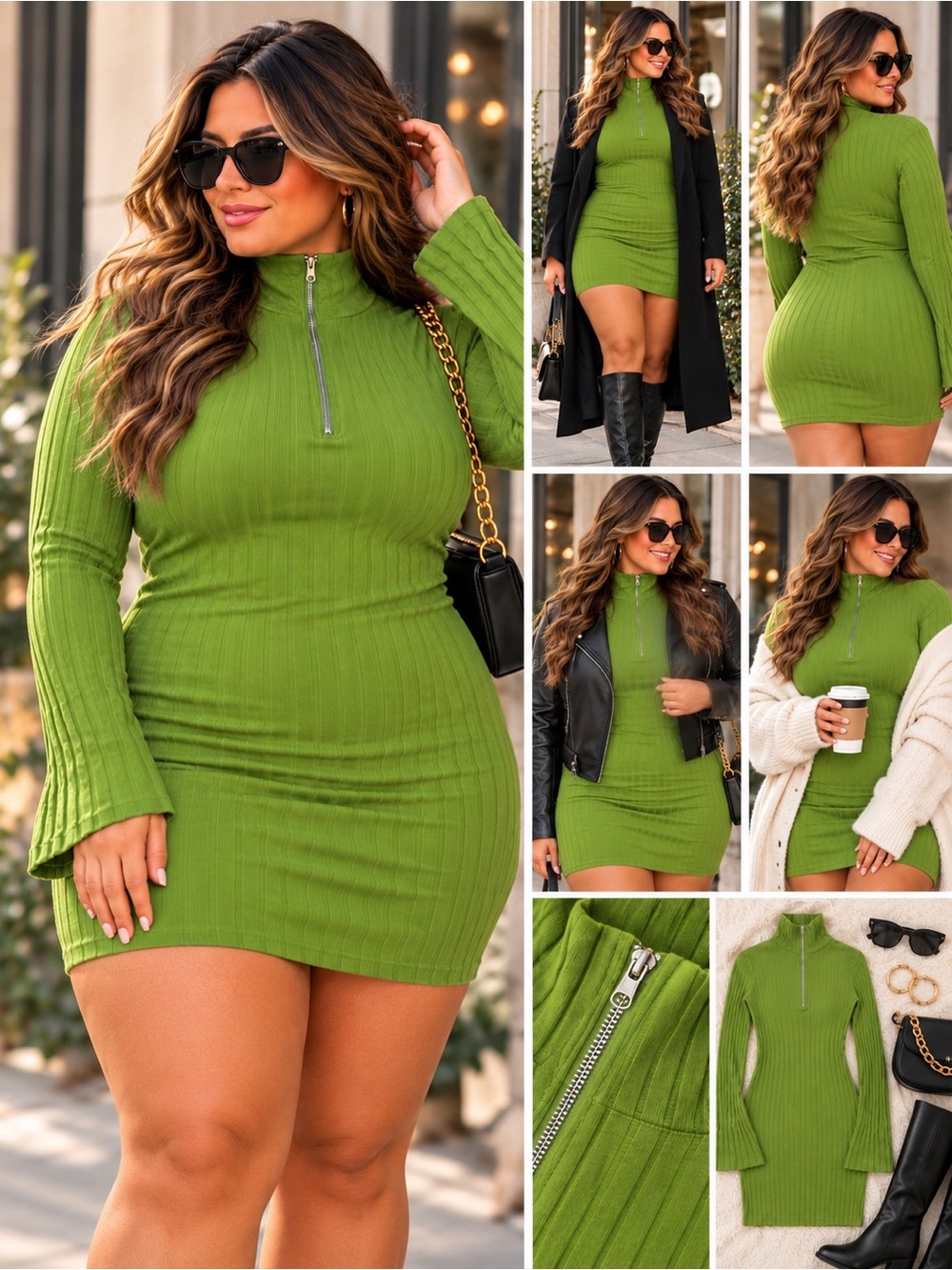 Collusion Green Ribbed Mini Dress Women’s Size 14 Half Zip Long Sleeve Y2K